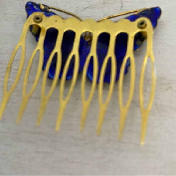 Vintage Enamel Butterfly Floral Hair Comb Gold Blue - Picture 3 of 11